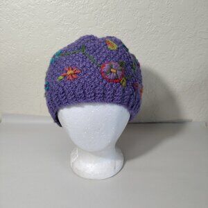 Lost Horizons Hat Purple Wool Embroidered Flowers Lined Handmade In Nepal‎ OS